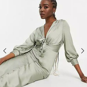 ASOS DESIGN Tall satin tie front midi dress with button detail in olive, Size 4
